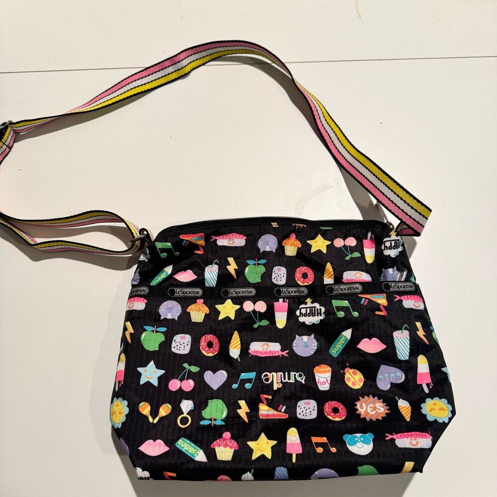 LeSportsac Crossbody Bag Black Multi-Color Icons Print Nylon Shoulder Emoji